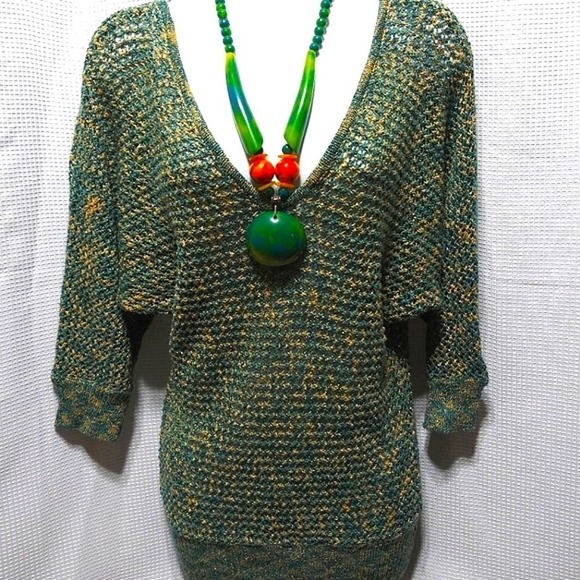 Shining Bright SWEATER Teal Tan Gold Silver Metallic Threads S/M Handmade - Picture 4 of 7